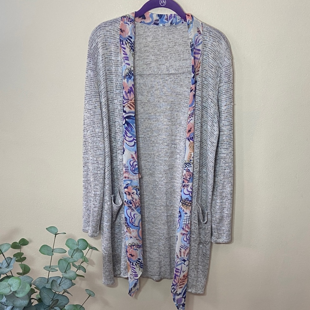 Charming Charlie Gray Open Front Cardigan Floral Trim Lightweight Duster Sweater